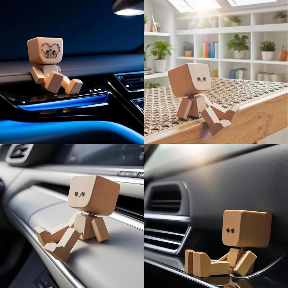 Handmade wooden shaking figure with magnetic expressions displayed in various automotive contexts.
