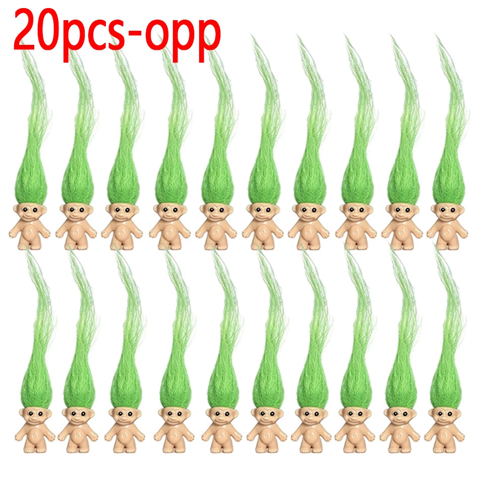 A set of 20 mini retro troll doll collectible figures in green and beige.