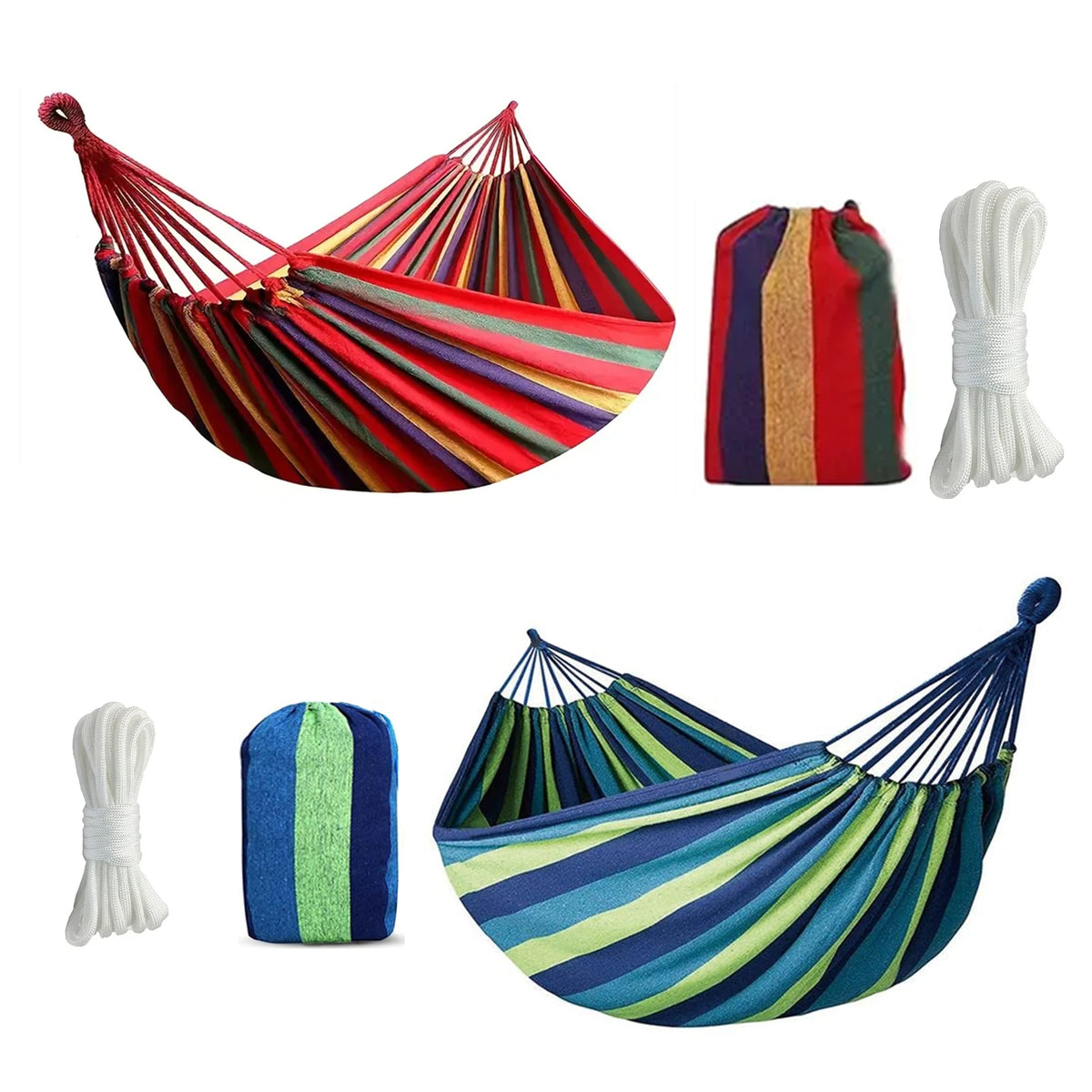 Canvas camping hammock with straps and a striped storage bag shown in various colors.