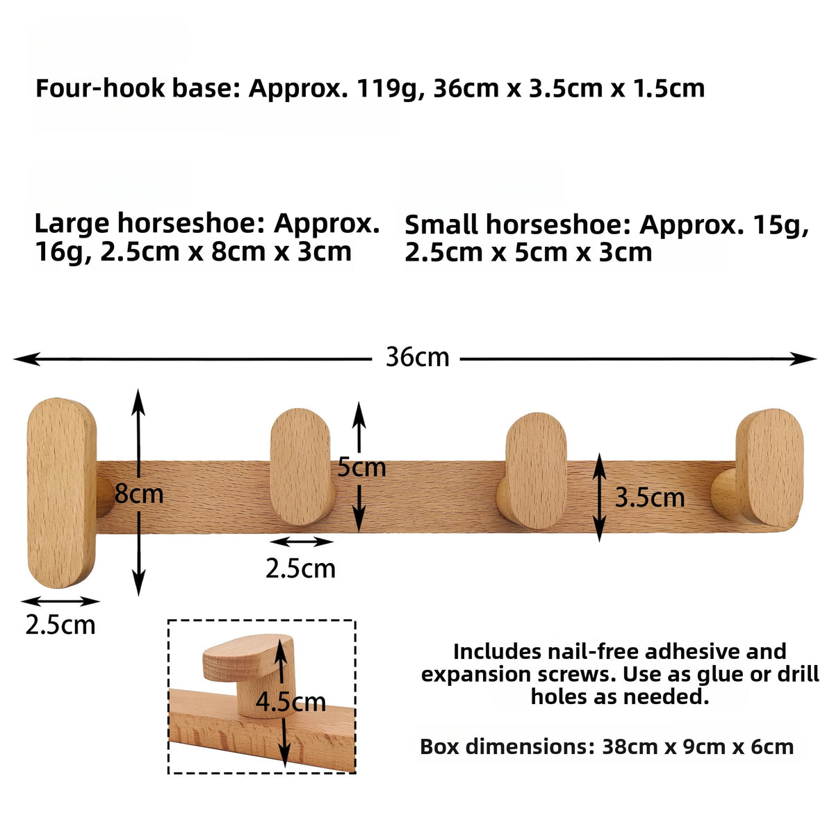 Wooden coat rack wall mount featuring four hooks and various sized horseshoes for hanging coats.