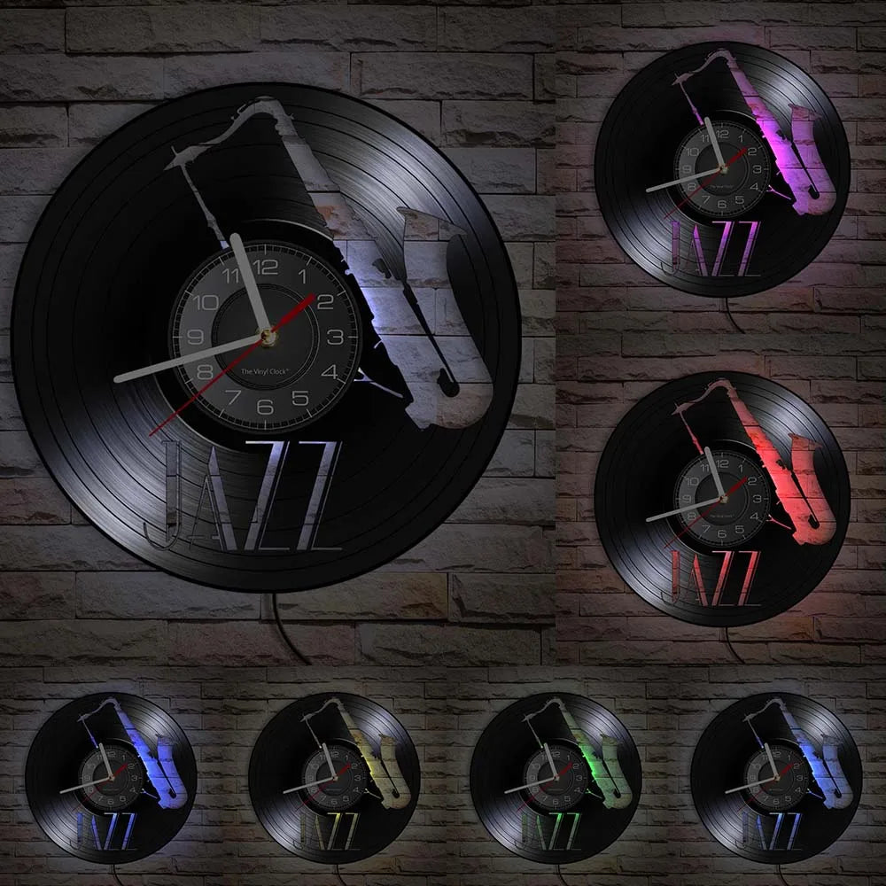 A collection of vintage vinyl record wall clocks featuring various colored records and clock faces mounted on a brick wall.
