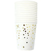A white disposable party tableware set with gold polka dots, packaged in a clear plastic sleeve.