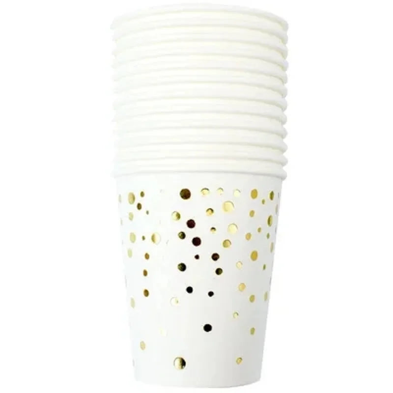 A white disposable party tableware set with gold polka dots, packaged in a clear plastic sleeve.