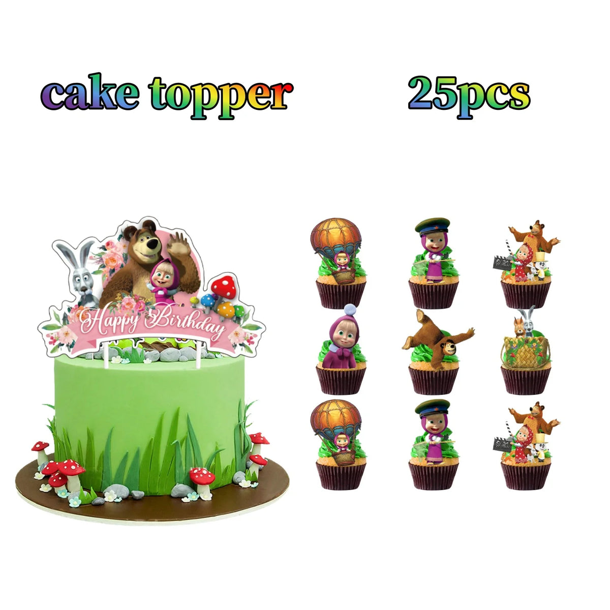 A set of 25 cake toppers featuring characters from Masha and Bear for birthday decorations.