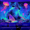 A wizard with a long beard and hat is surrounded by glowing purple and blue jellyfish-like shapes against a dark background.