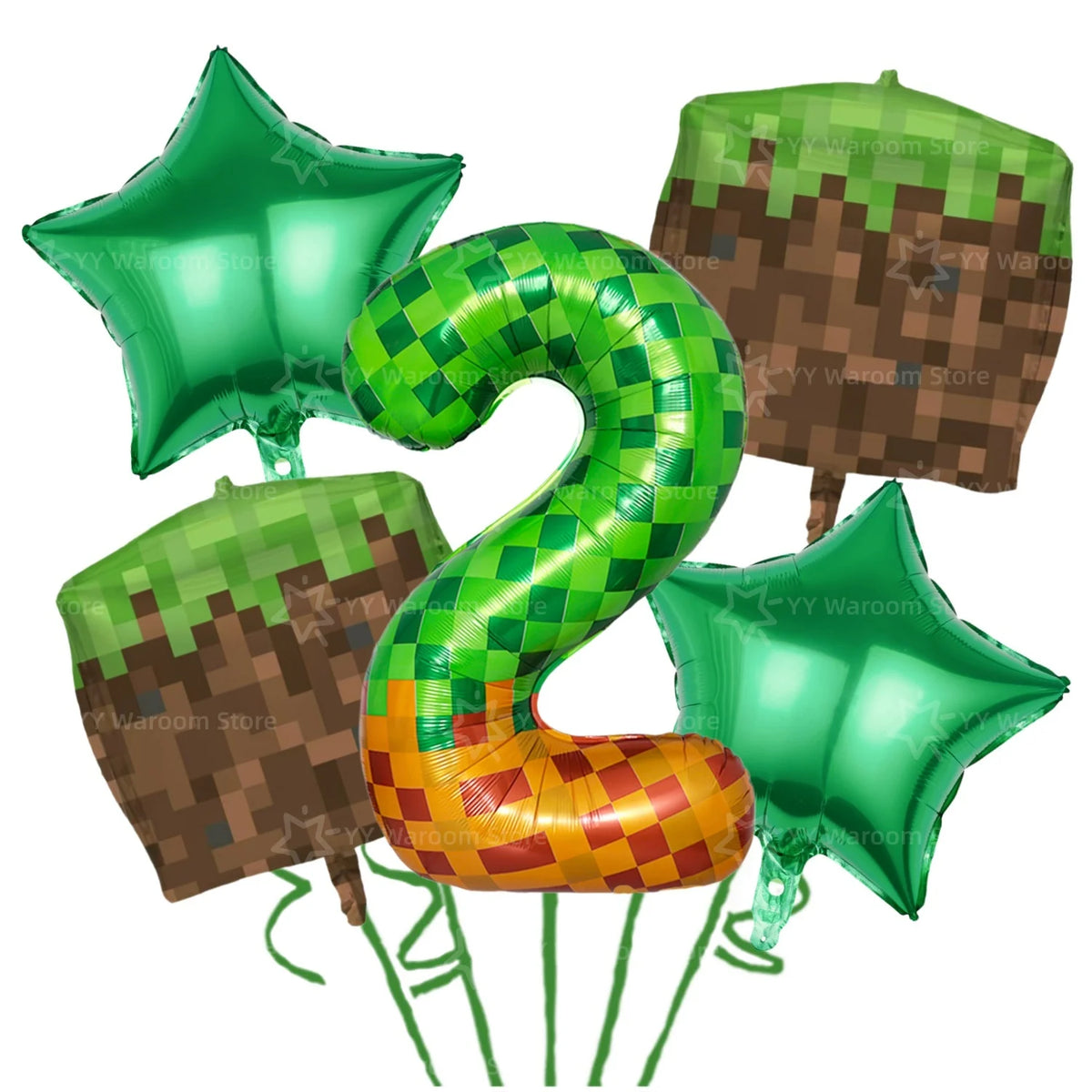 A set of green and gold miner-themed birthday party supplies including balloons and tableware.