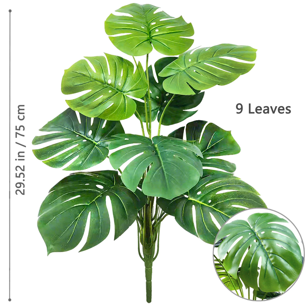 Artificial Monstera plant with nine silk green leaves shown against a white background.