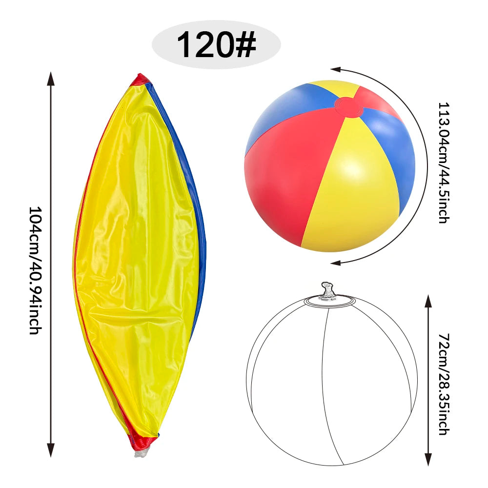 Yellow and blue inflatable pool party ball shown in various views.