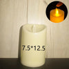 A white pillar candle with a flickering flame is shown next to a dark surface.