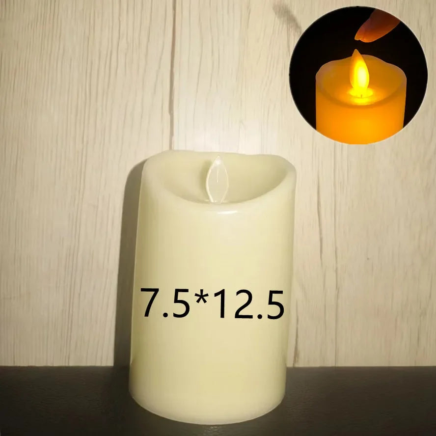 A white pillar candle with a flickering flame is shown next to a dark surface.