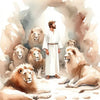 Watercolor painting of Jesus as a shepherd surrounded by lions, framed by rough stone.