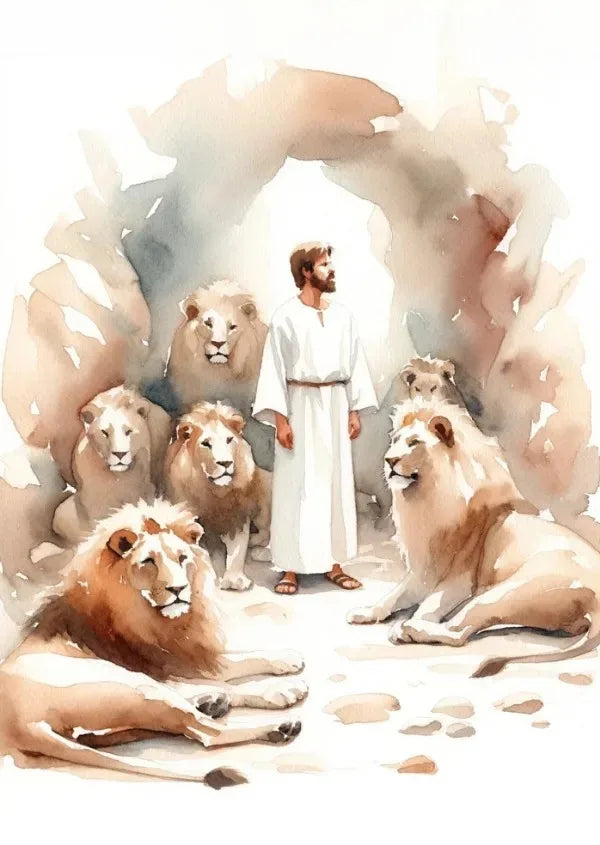 Watercolor painting of Jesus as a shepherd surrounded by lions, framed by rough stone.