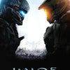 A dramatic close-up of two armored figures facing each other against a bright light, with the Halo 5 Guardians logo visible b