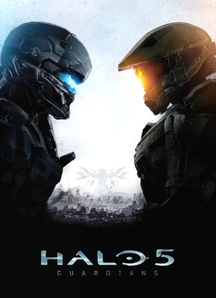A dramatic close-up of two armored figures facing each other against a bright light, with the Halo 5 Guardians logo visible b