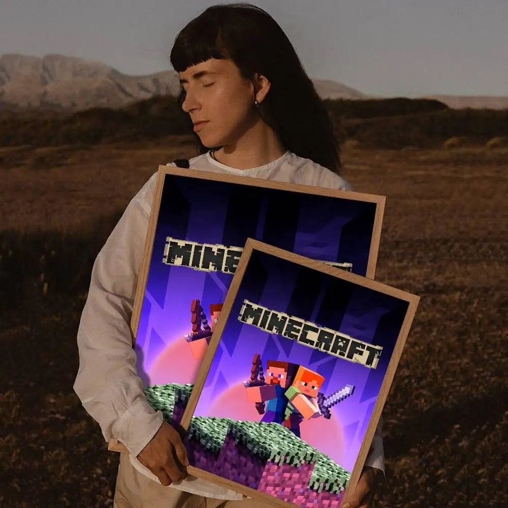A person holds up a framed print featuring Minecraft characters and landscape art.