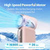 A pink portable handheld cooling fan with a turbocharging motor is shown against a snowy mountain background.