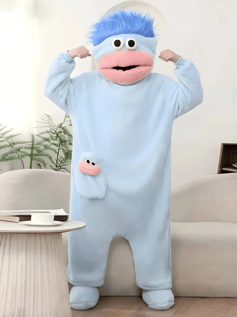 Funny Big Mouth Monster Onesie Pajamas – Cozy Coral Fleece Hooded Jumpsuit