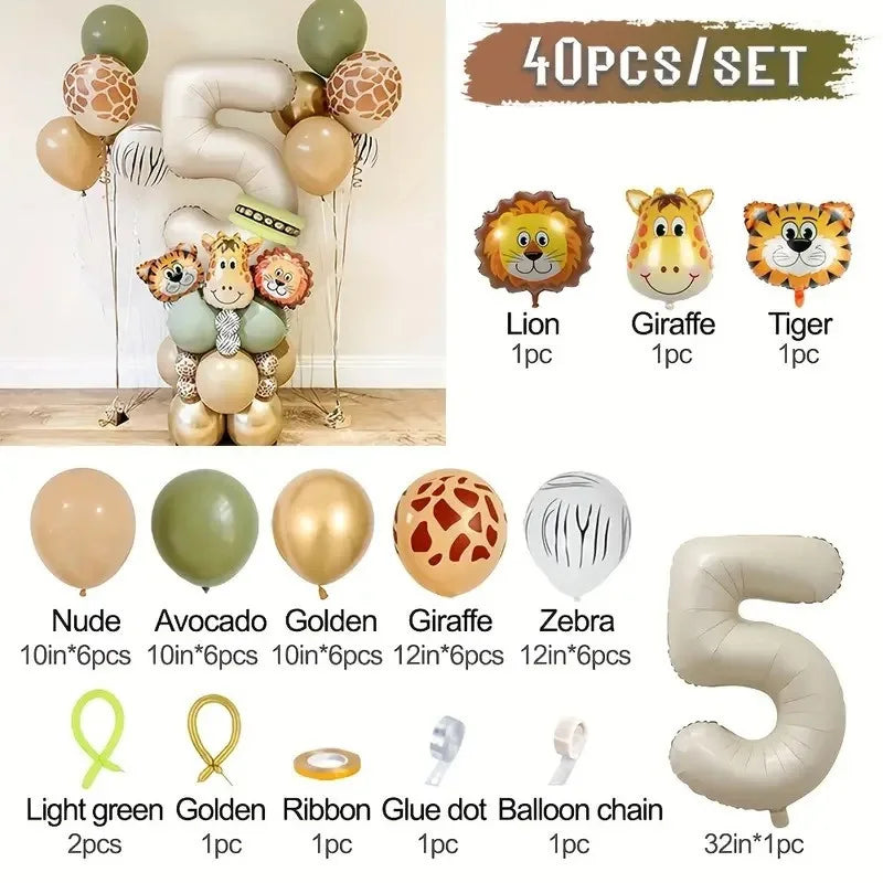 A set of 40 balloons including lion giraffe tiger and number balloons with various colors and sizes