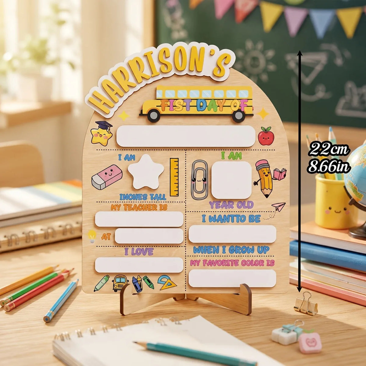 A personalized wooden keepsake board for a child featuring a yellow school bus and various blank spaces for details.