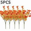 Five artificial autumn bouquets featuring vibrant orange and yellow silk flowers on thin stems.