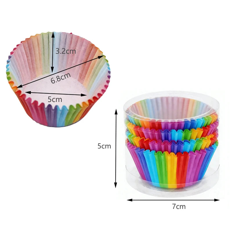 A bulk pack of rainbow disposable cupcake liners showing various colors and dimensions.