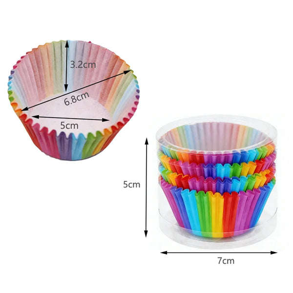 A bulk pack of rainbow disposable cupcake liners showing various colors and dimensions.