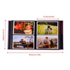 A black linen-cover photo album displaying several framed photographs of a family.