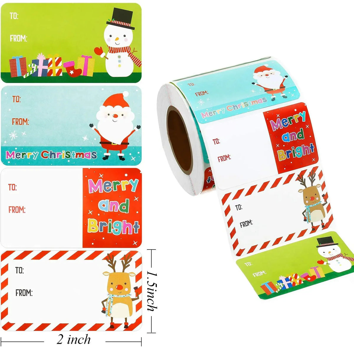 A set of colorful Merry Christmas decorative stickers for gift wrapping and tags featuring Santa and snowmen.