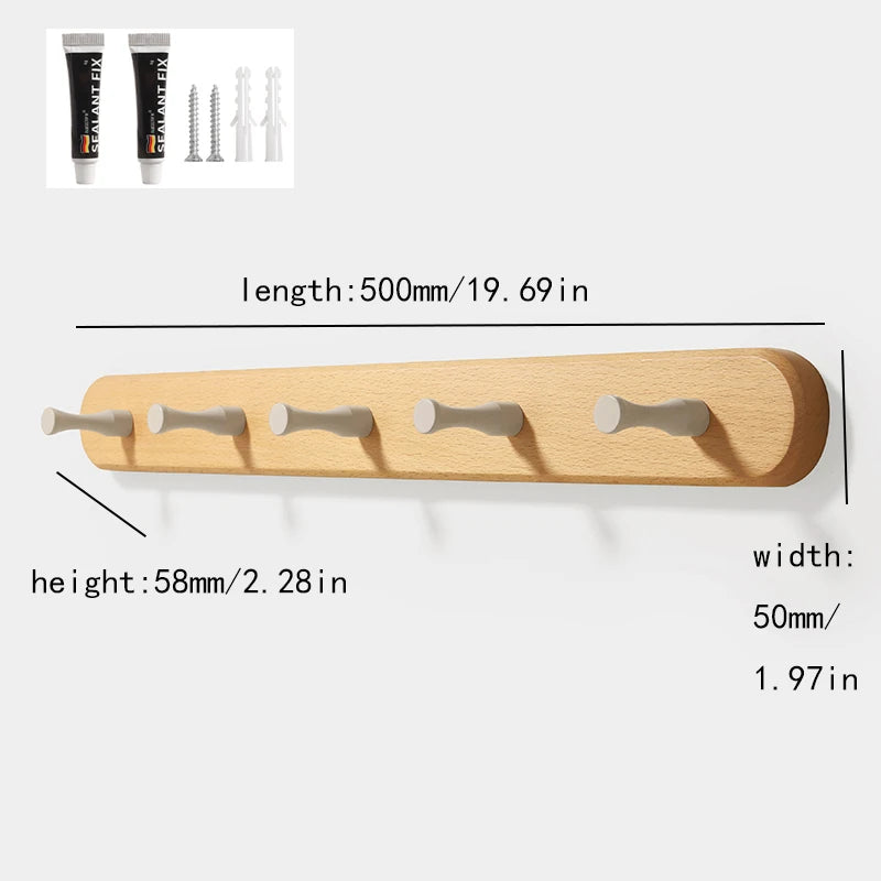 Solid beech wood wall hook rack with four wooden hooks for hanging items.