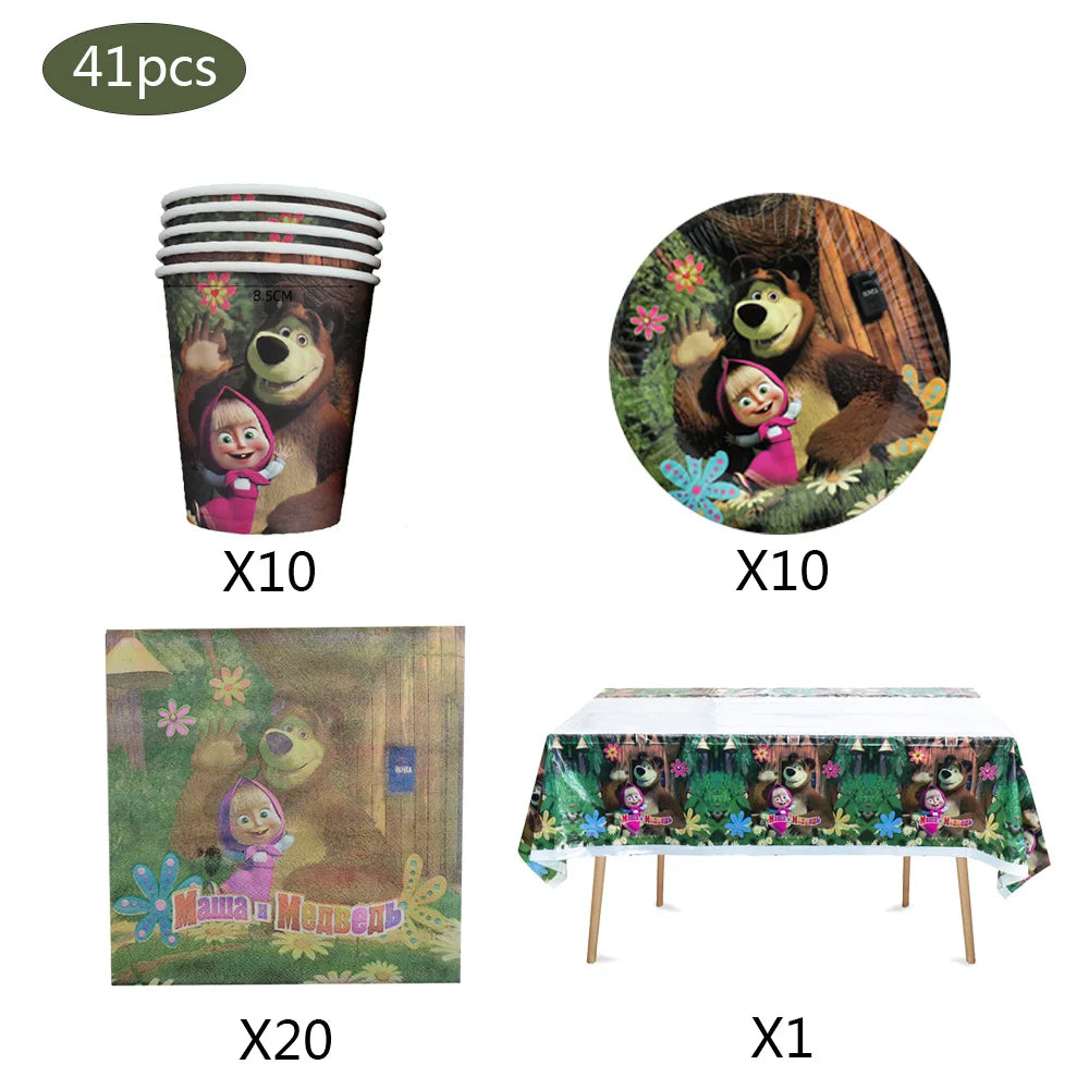 A set of 41 party supplies including plates, cups, and a themed table setting for a Masha and The Bear birthday party.