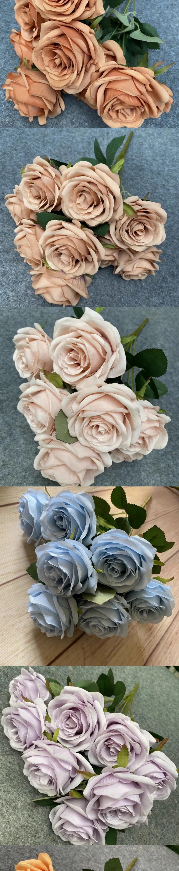 A collection of silk roses in various shades of peach, blush pink, and soft blue-gray.