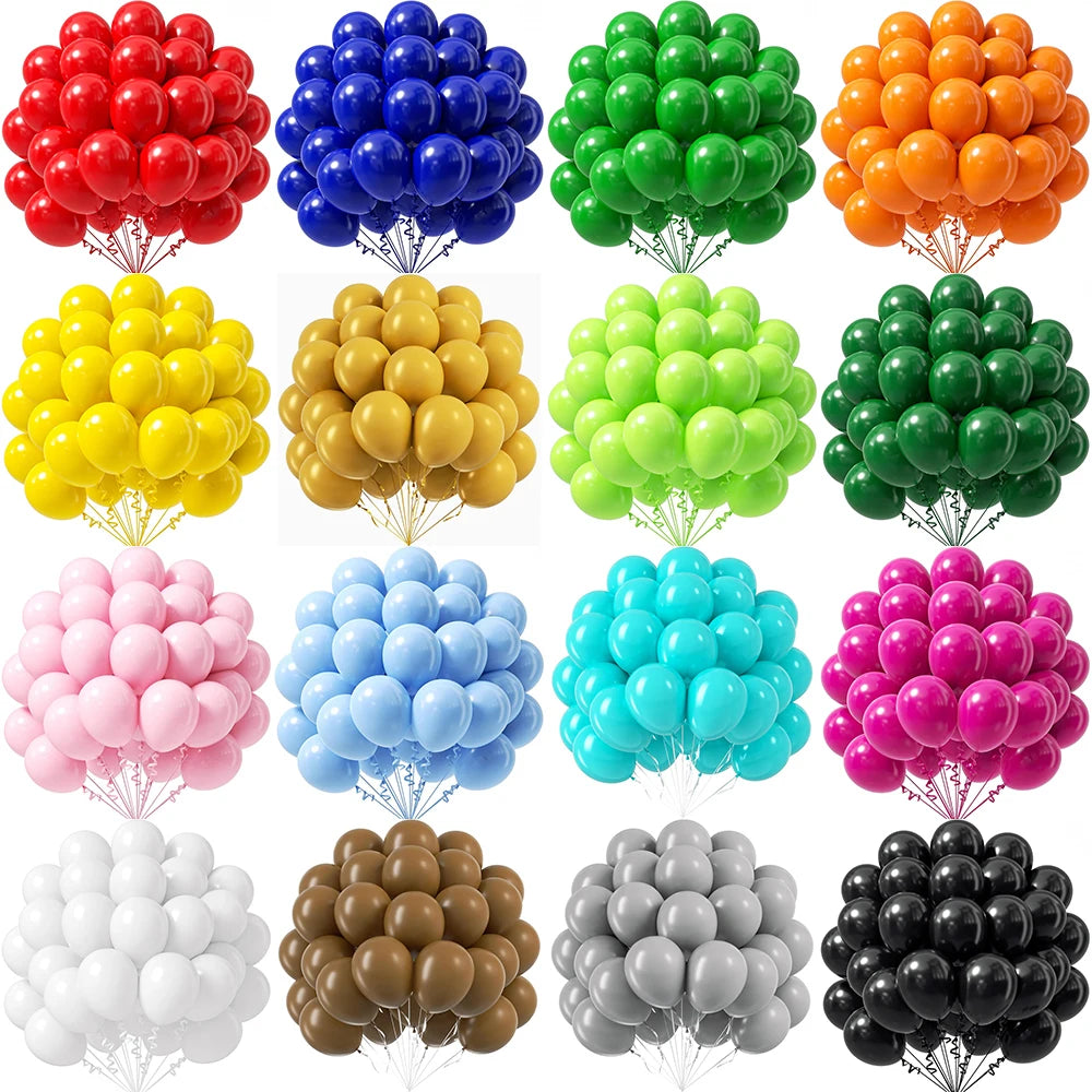 Assorted latex party balloons in various colors like red, blue, green, yellow, and black
