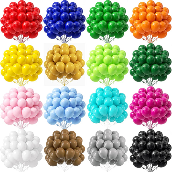 Assorted latex party balloons in various colors like red, blue, green, yellow, and black