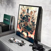 A framed poster of the Vinland Saga anime featuring characters and a vintage car, displayed on a shelf.