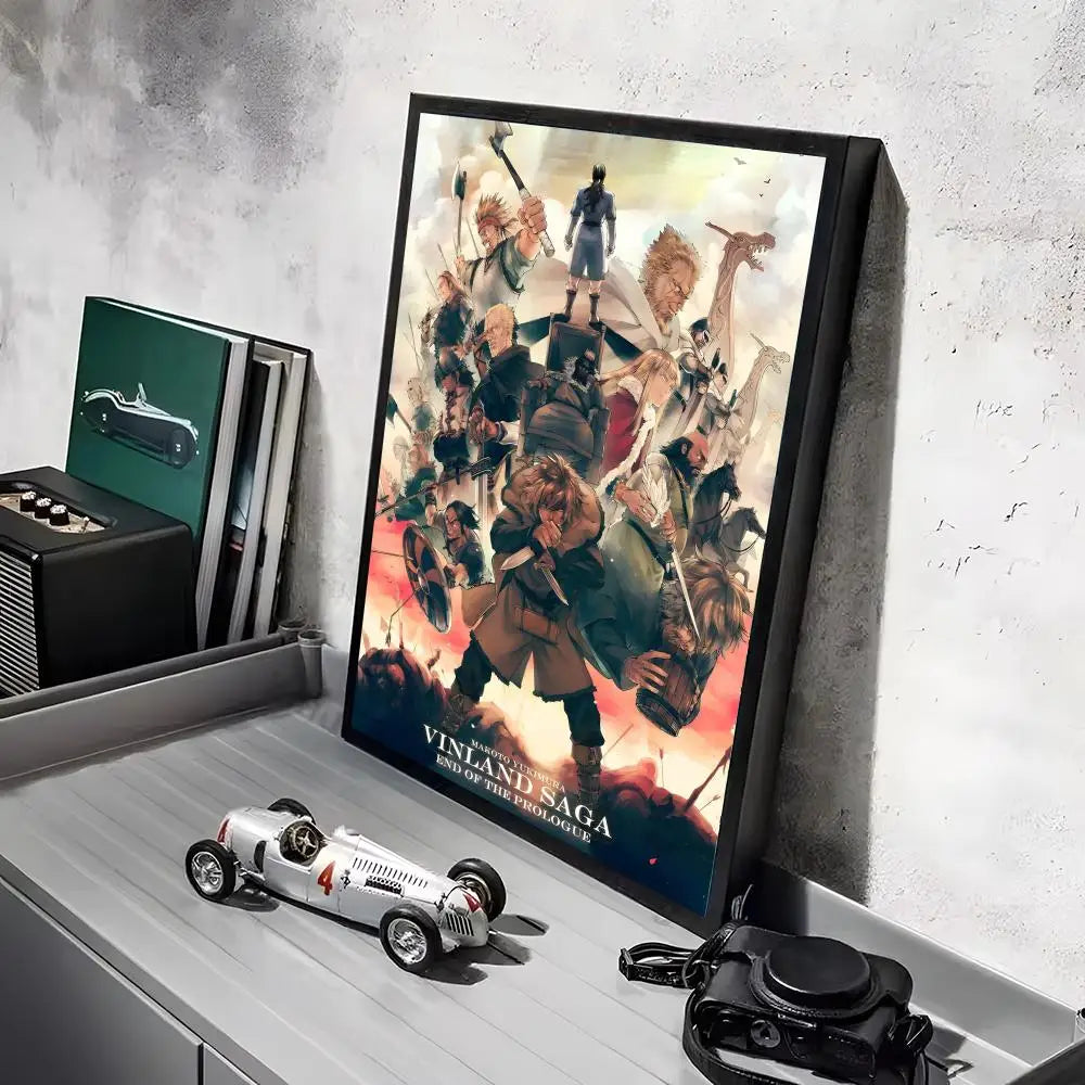 A framed poster of the Vinland Saga anime featuring characters and a vintage car, displayed on a shelf.