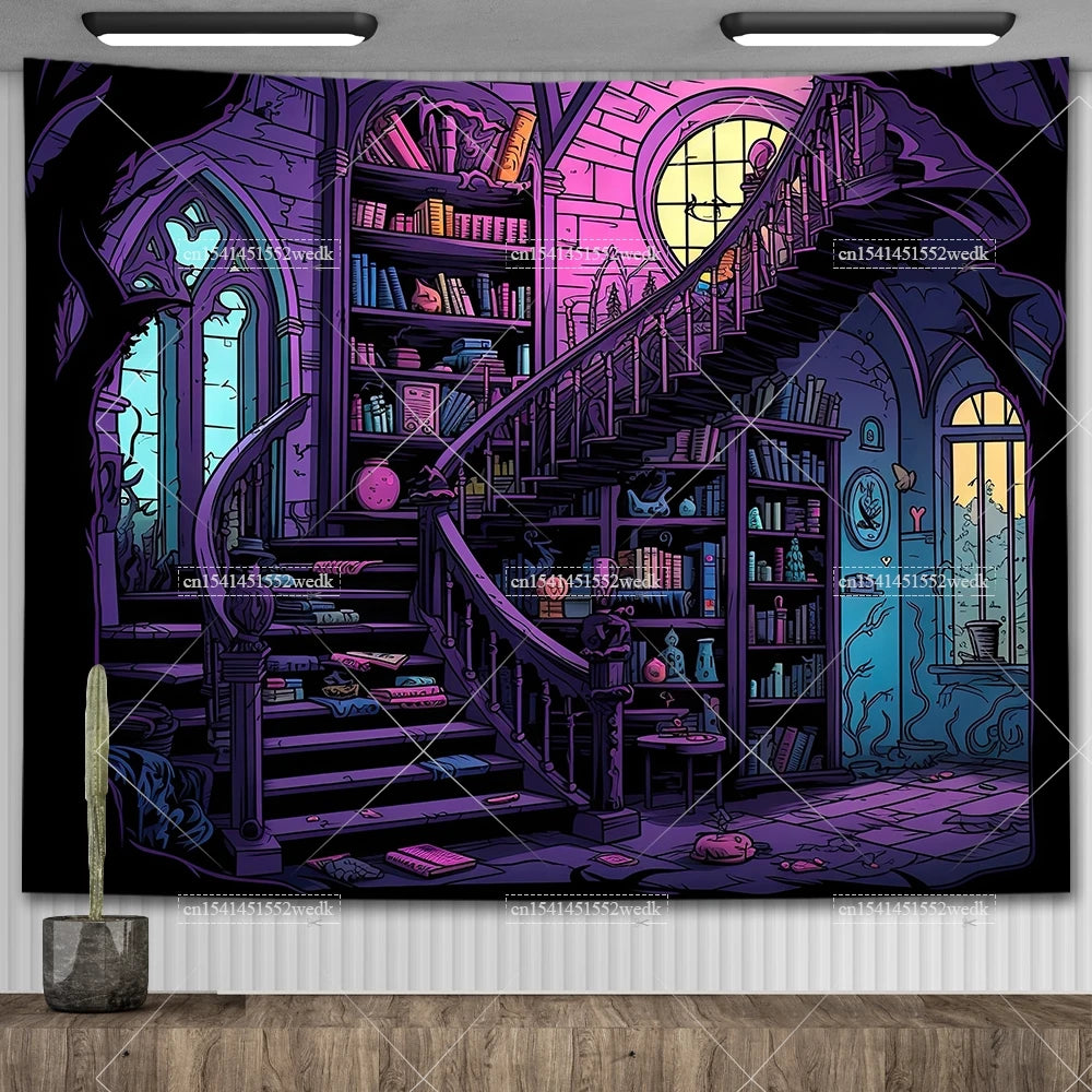 Enchanted Library Staircase Tapestry Wall Hanging
