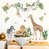 A wall sticker set featuring various jungle safari animals like a monkey, lion, giraffe, and various birds on a white backgro