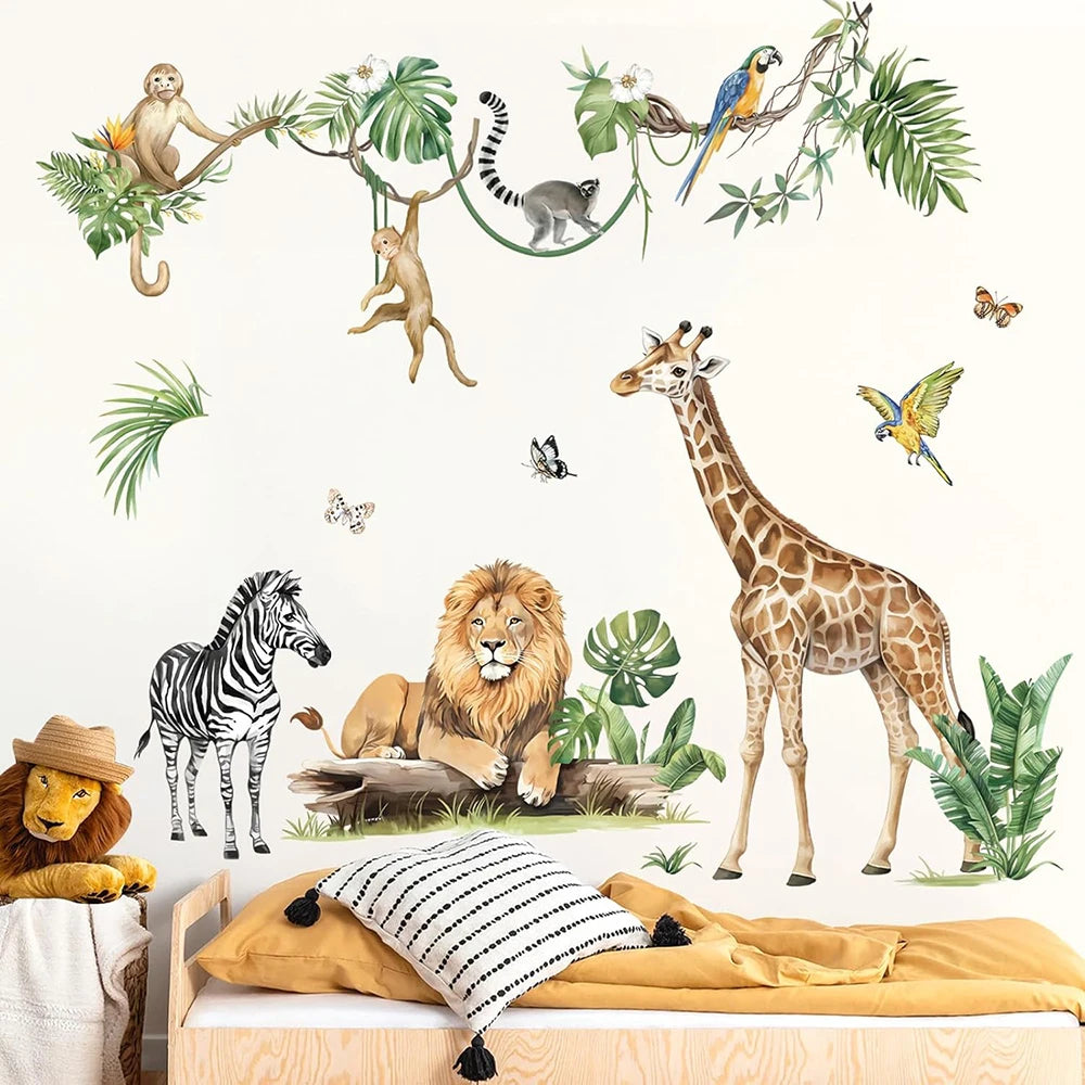 A wall sticker set featuring various jungle safari animals like a monkey, lion, giraffe, and various birds on a white backgro