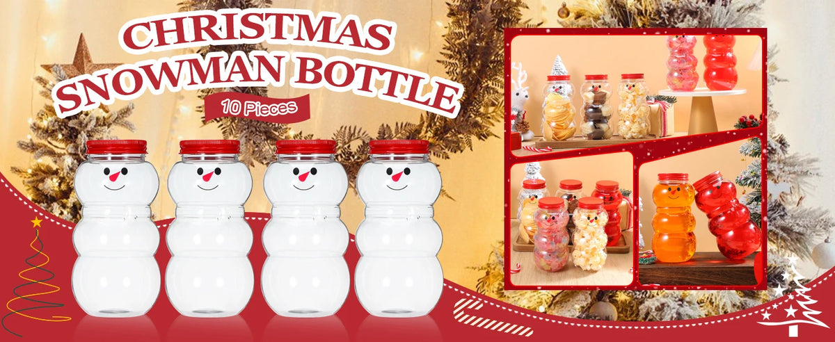 A set of six festive snowman candy jars with lids displayed against a Christmas background.