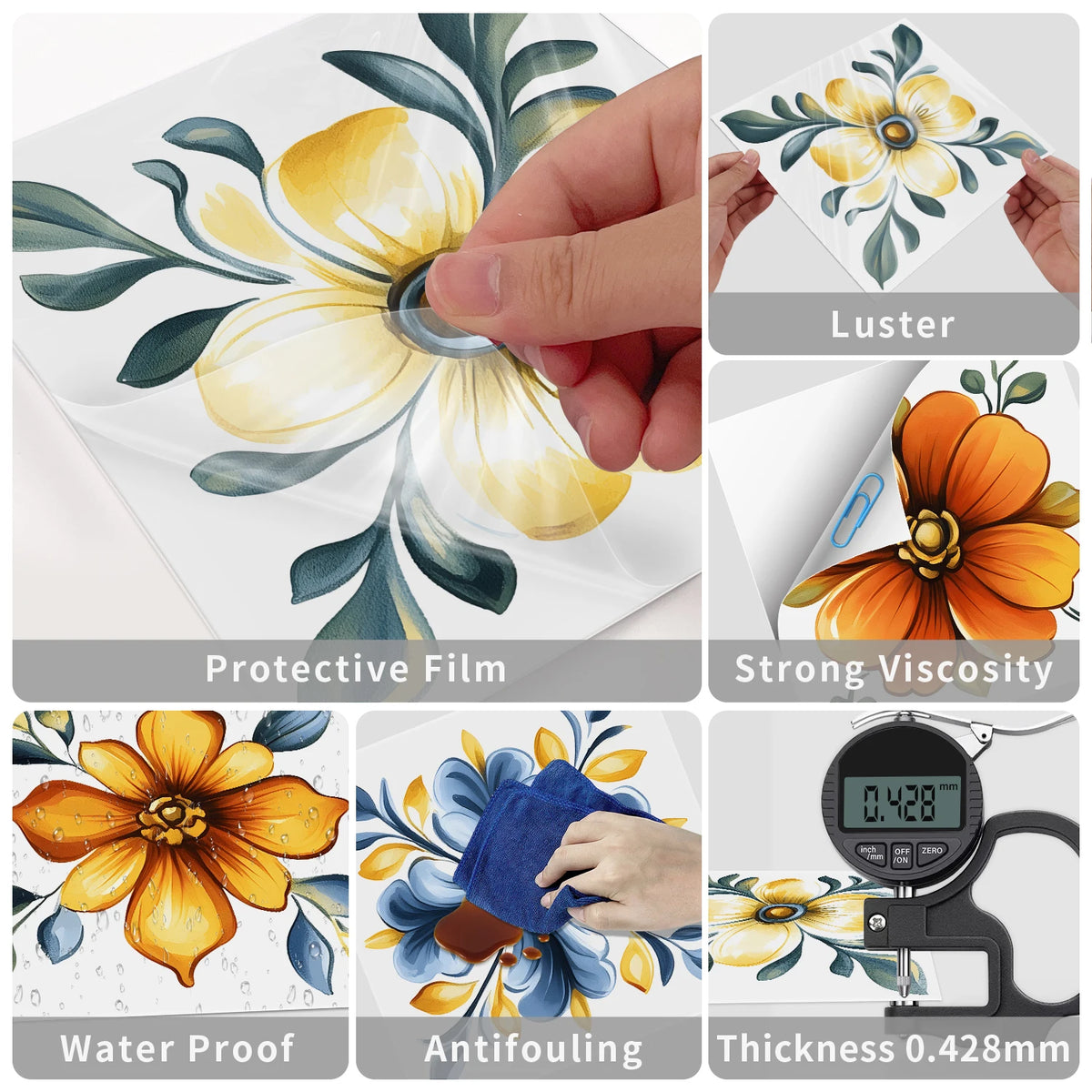A set of self-adhesive waterproof wall decals showing various features like luster, strong viscosity, water proof, antifoulin