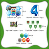 A collection of birthday party decorations including balloon sets, a number balloon, cake toppers, and latex balloons.