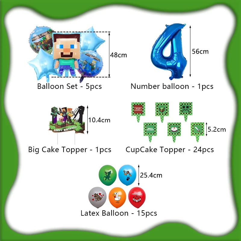 A collection of birthday party decorations including balloon sets, a number balloon, cake toppers, and latex balloons.