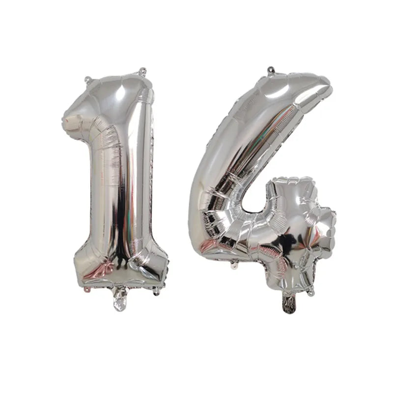 Silver foil number balloon shaped like the number 1 and 4 for birthday party decor