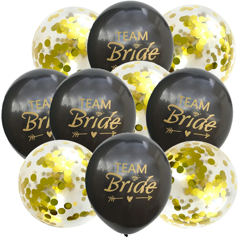 A collection of black and gold latex confetti balloons with the text Team Bride