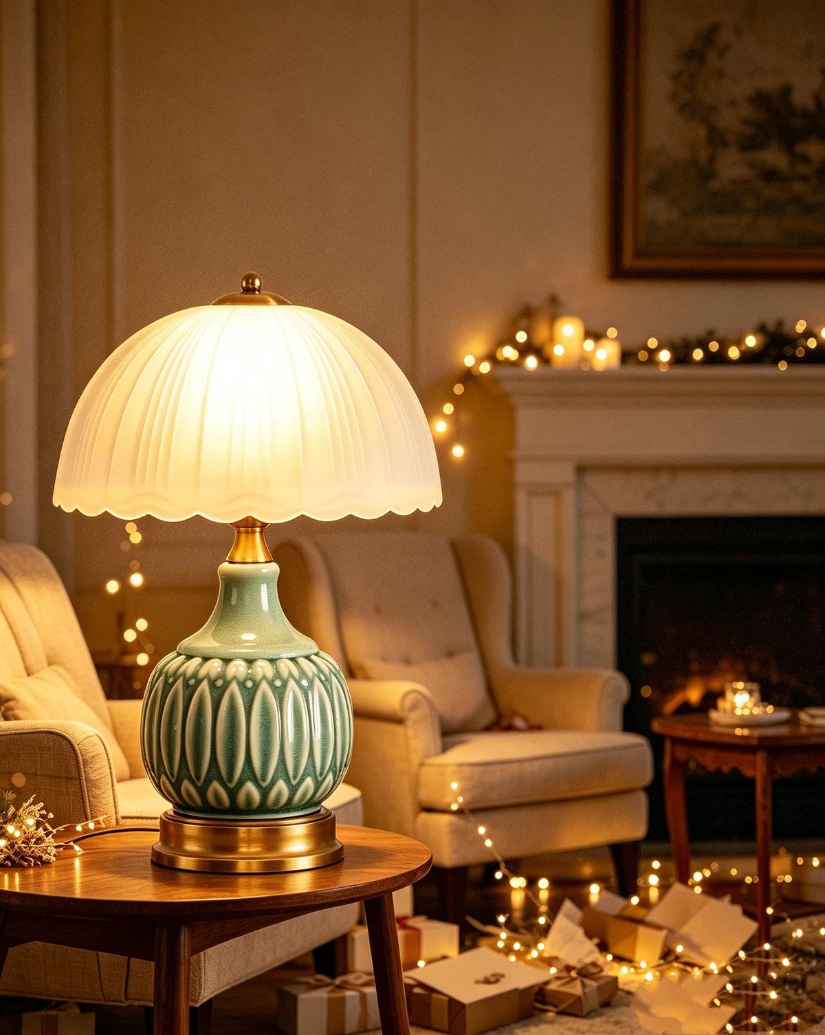 A retro farmhouse ceramic table lamp with a green crackle glaze sits on a wooden table in a warmly lit living room.