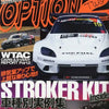 A promotional poster for a Stroker Kit featuring a white car and various automotive text.
