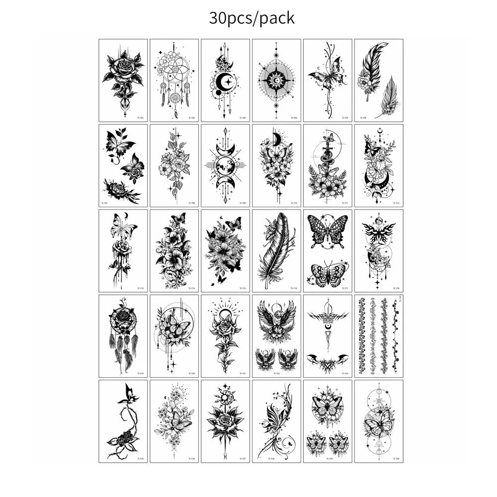 A collection of 30 packs of realistic black butterfly temporary tattoos featuring various designs.
