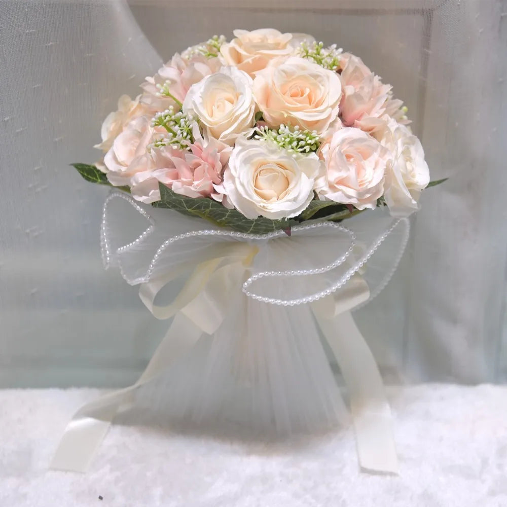 Elegant Silk Rose Bridal Bouquet with Baby's Breath