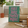 A canvas art poster featuring the text PLAY THAT FUNKY MUSIC in pink lettering on a teal background.
