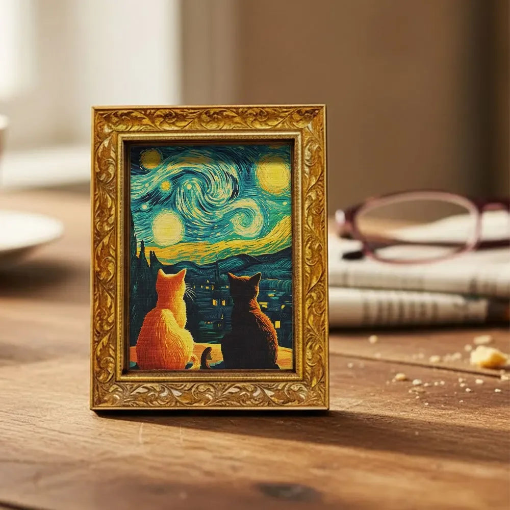 A framed print featuring a Van Gogh starry sky with a cat silhouette, displayed on a wooden surface.
